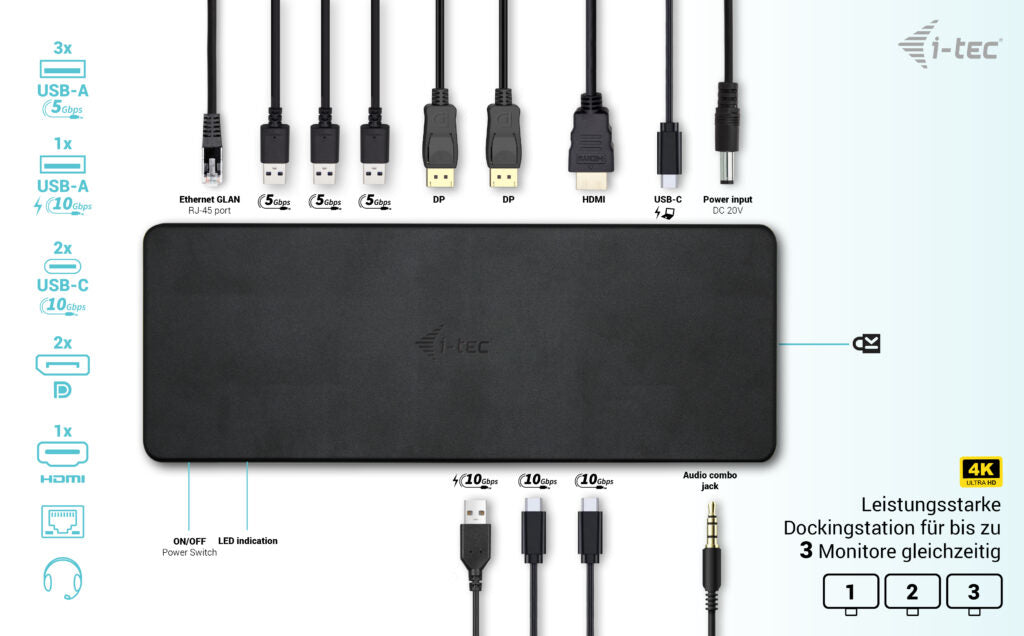 i-tec Gen2 Pro Dockingstation – USB-C, 2× DP, 1× HDMI, 5× USB-A, 100 W PD, GbE, 3,5 mm Audio, für Windows/Mac
