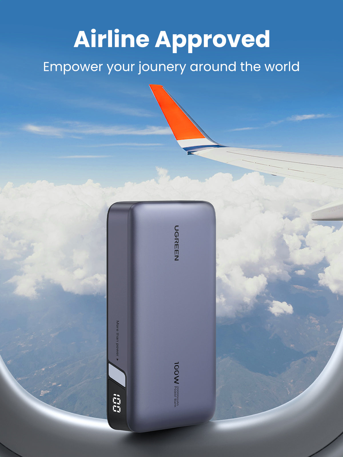 Ugreen Powerbank 20000 mAh, PD, 2× USB-C, 1× USB-A, mit LED-Display, für Smartphones, Grau