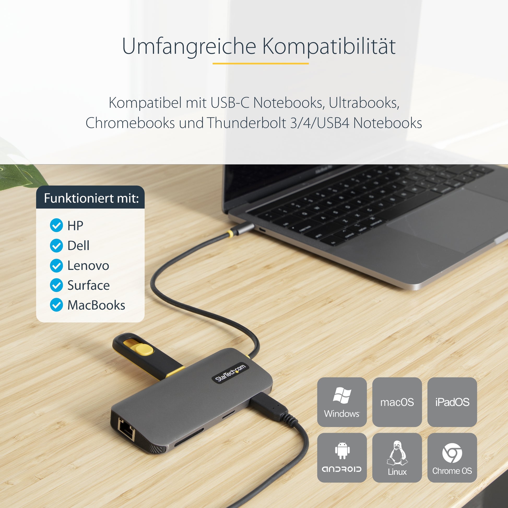 StarTech.com Multiport-Adapter – USB-C, HDMI, 3× USB-A, 100 W PD, GbE, SD/microSD, für Windows/Mac/iPadOS