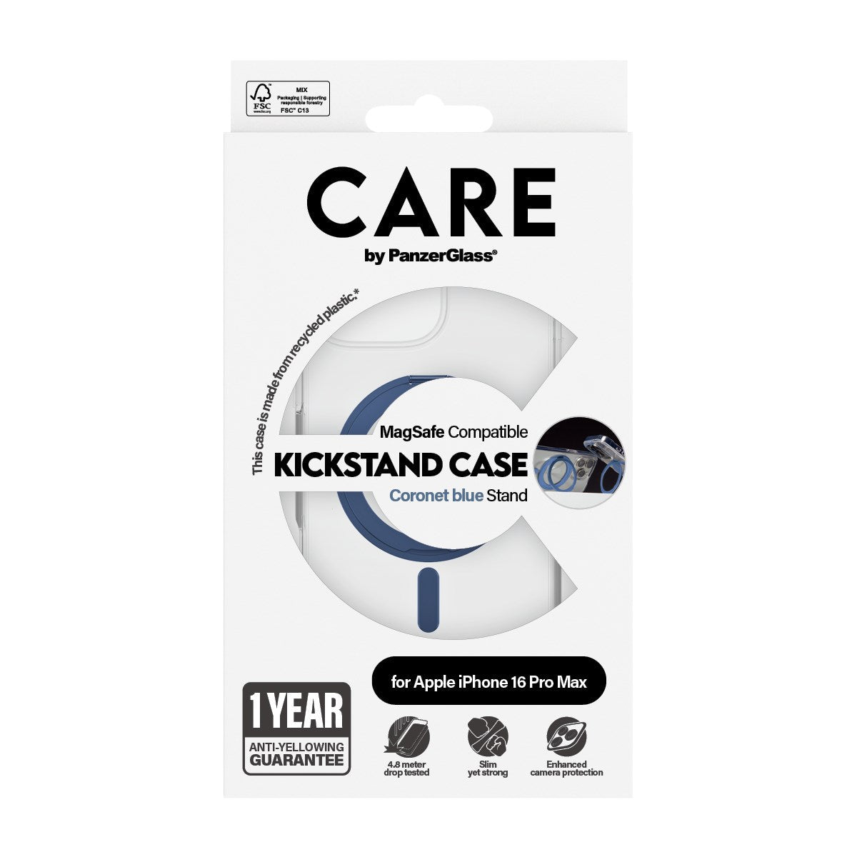 PanzerGlass CARE – Backcover – für Apple iPhone 16 Pro Max – transparent/blau – MagSafe-kompatibel, mit Standfuss