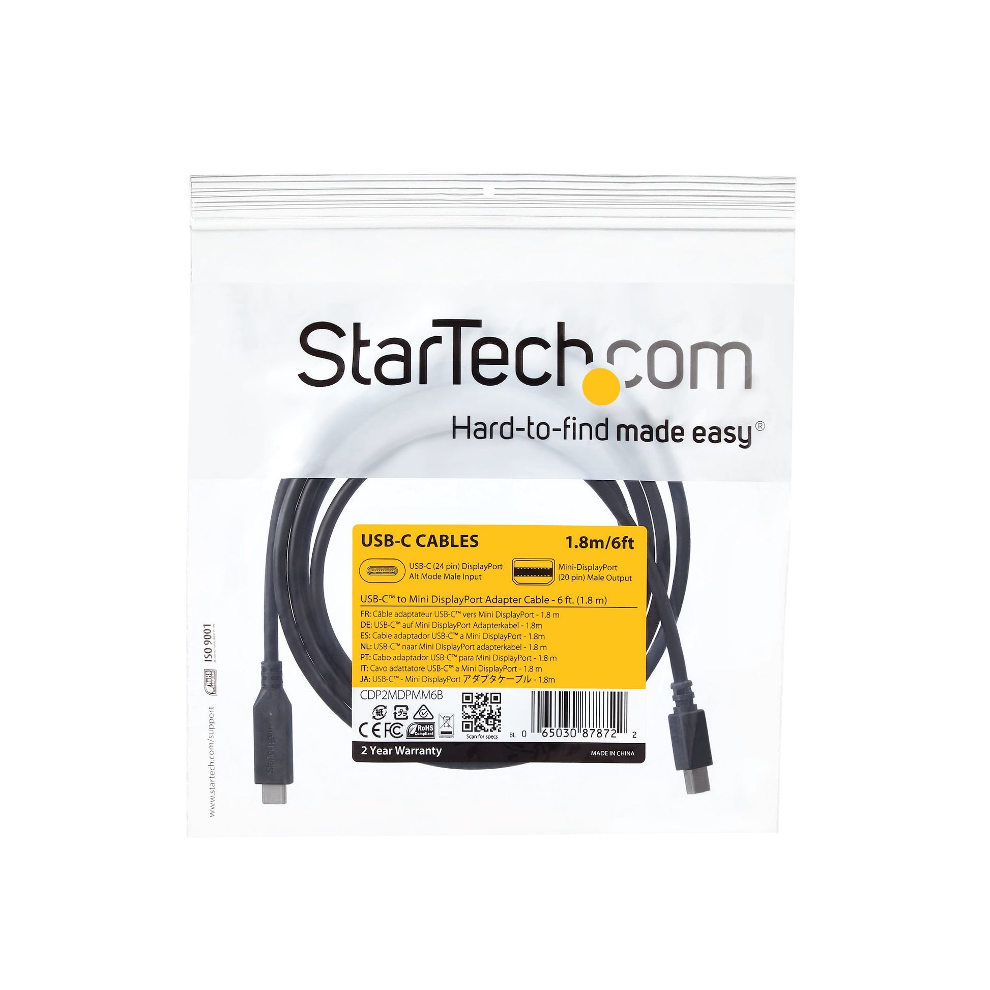 StarTech.com USB-C (Stecker) auf Mini DisplayPort (Stecker) Adapter, 4K@60 Hz, 1,8 m