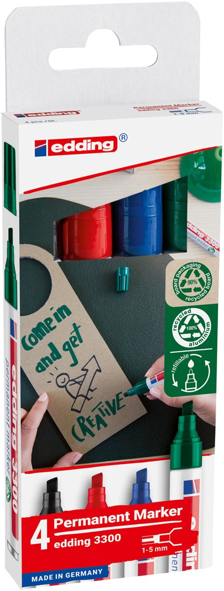Edding 3300 Permanentmarker – Keilspitze 1–5 mm – Schwarz, Blau, Grün, Rot, 4er-Set – für Karton, Glas und Holz