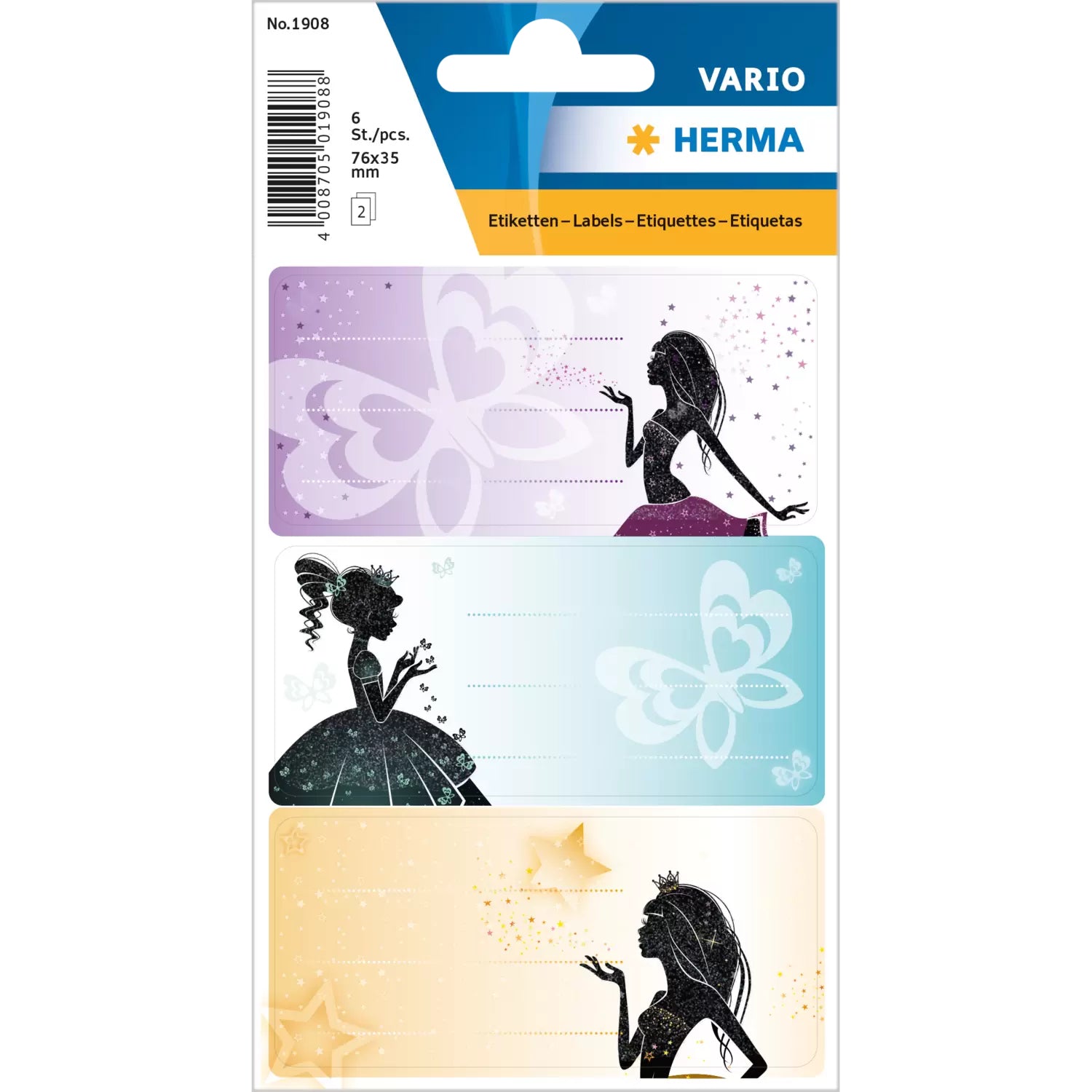 HERMA Vario Schuletiketten – Motiv Princess – 35×76 mm, Abgerundete Ecken, 6 Stück, 2 Bögen, Papier