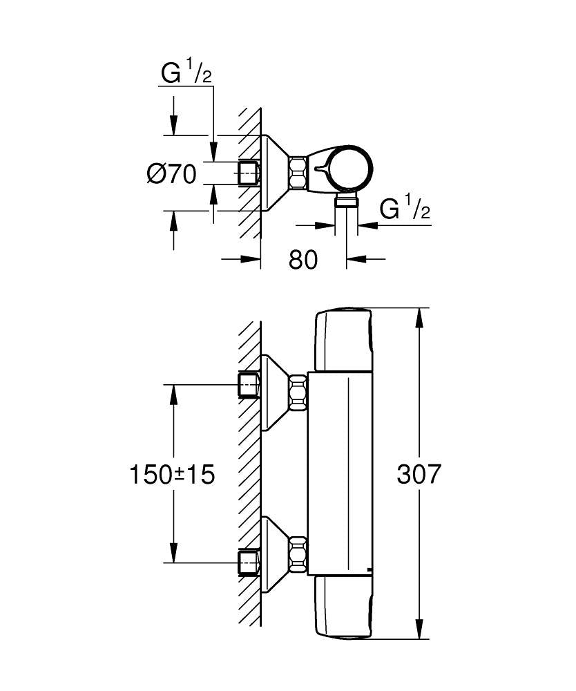 GROHE Thermostat – Anschlussmass 1/2", Länge 80 mm, Höhe 70 mm, Breite 307 mm, Metall, Schwarz