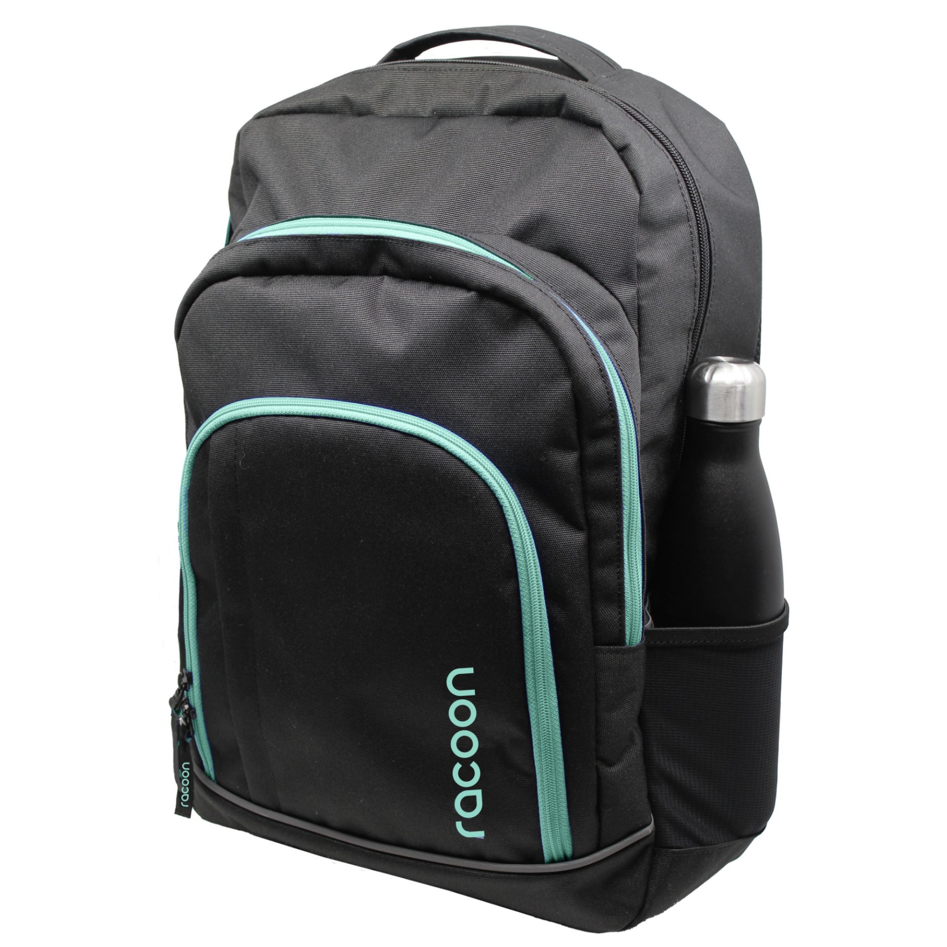Racoon – Schulrucksack – Schwarz mit grünen Details – Recyceltes PET – 33×48×20 cm, 30 l