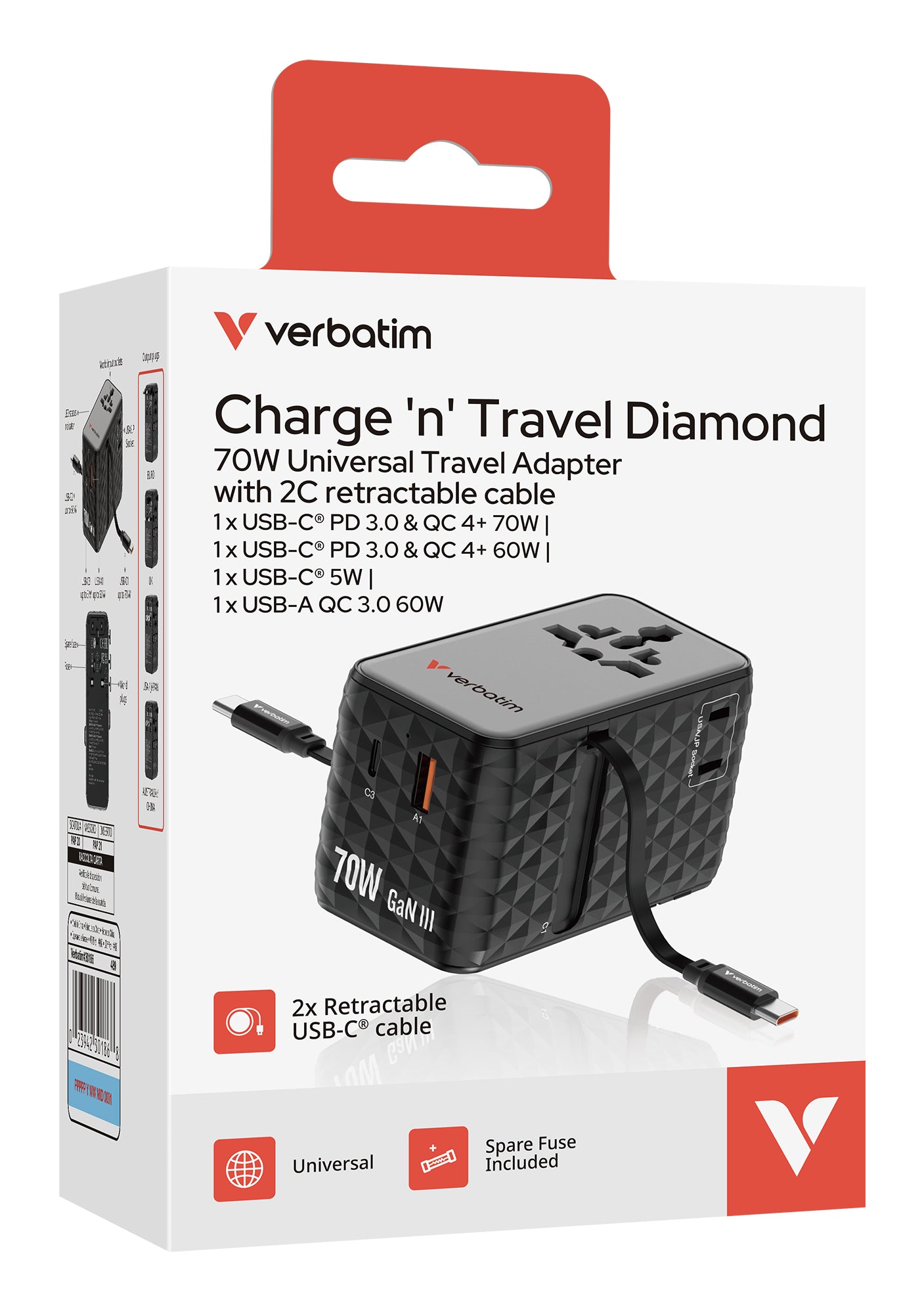 Verbatim Charge 'n' Travel Ladegerät – 70 W, 2× USB-C