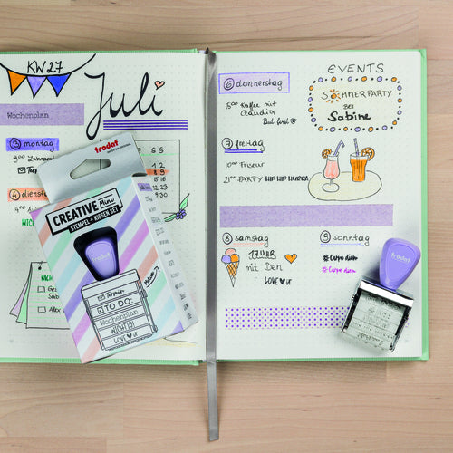 Trodat Bullet Journal Motivstempel, selbstfärbend, 12 Motive, 30 × 5 mm, Kissen sortiert, deutsch