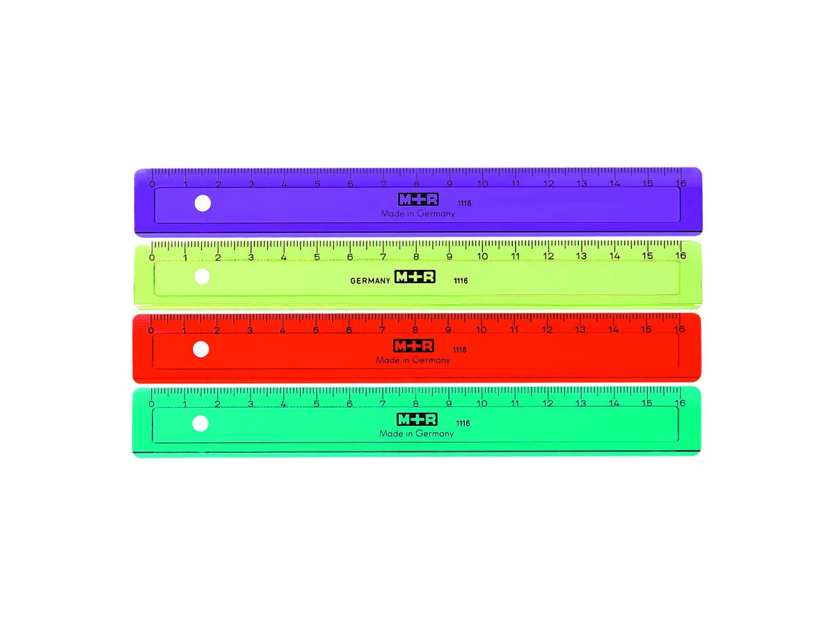 M+R Lineal – Kunststoff – 16 cm – Tuschekante, Facette, geprägte Skala