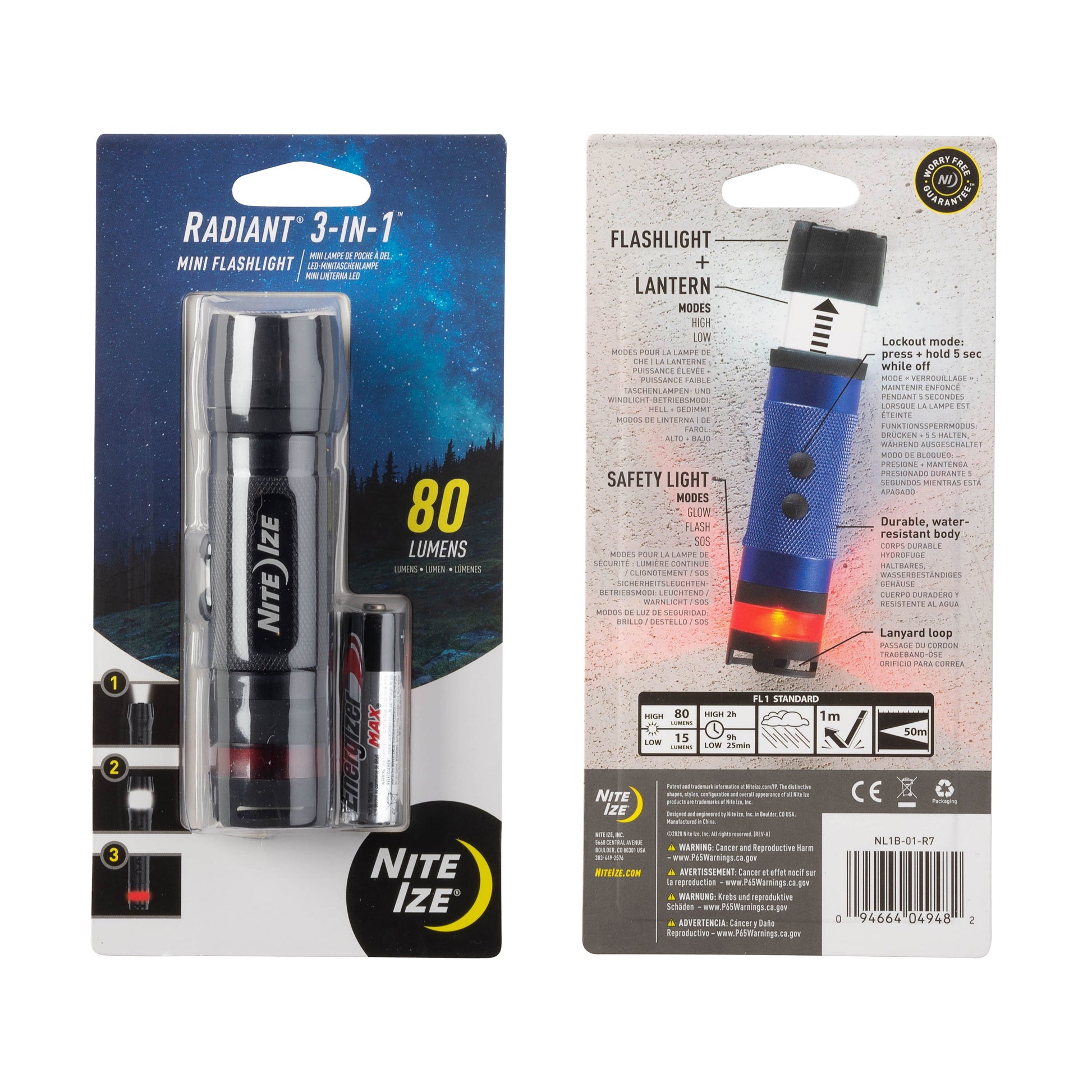 Nite Ize Taschenlampe Radiant 3-in-1 – 80 lm, 50 m, IPX4, AA-Batterie, Glüh-/Blink-/SOS-Modi – Schwarz