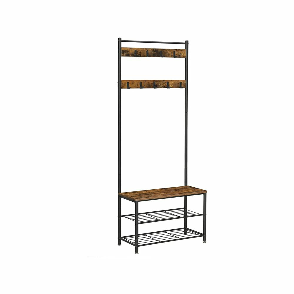 Vasagle Garderobe mit Schuhregal – 8 Haken, Stahl/Spanplatte, Schwarz/Braun, 70 × 32 × 175 cm