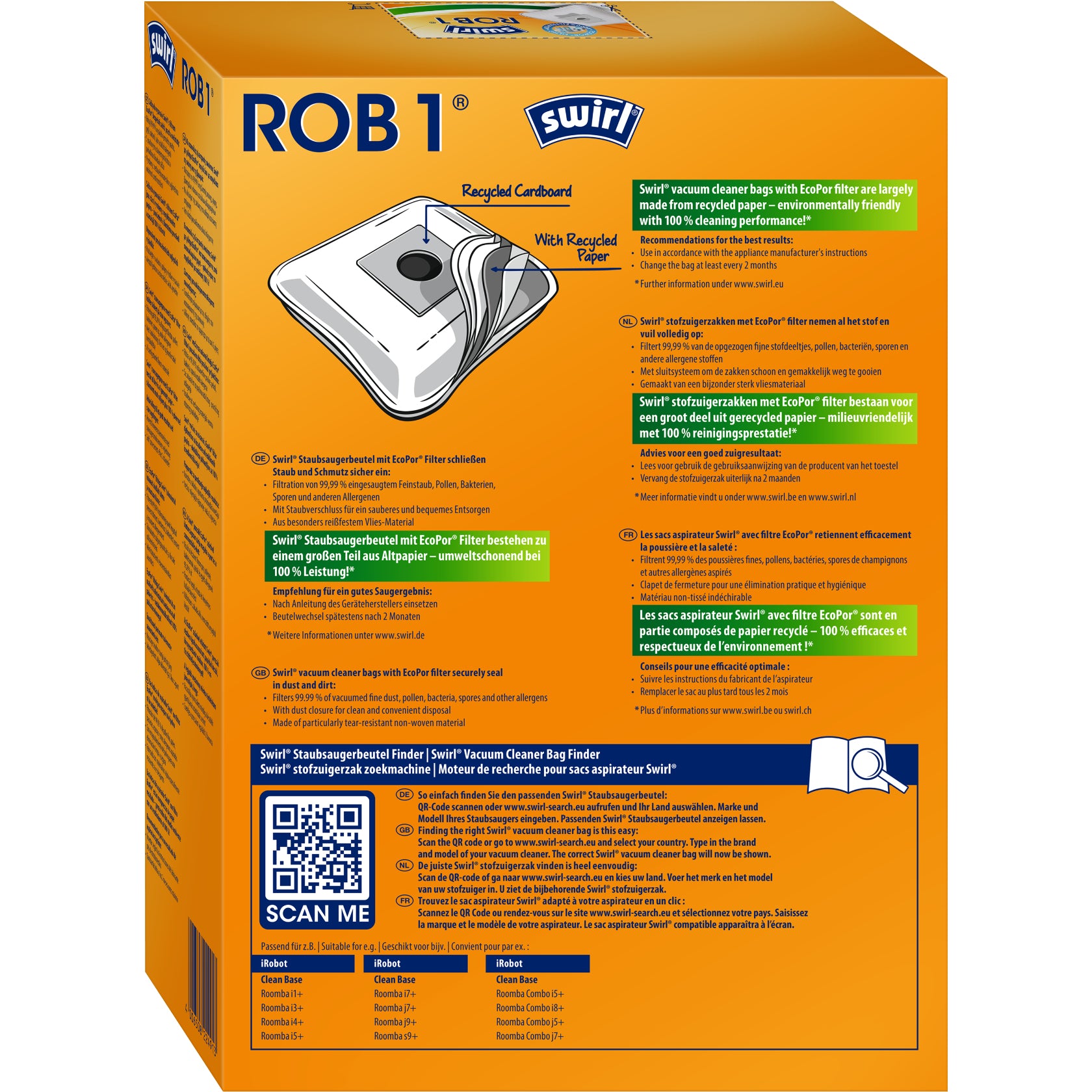 Swirl Staubbeutel ROB 1 – 4 Stück, für iRobot Clean Base, Roomba i1+/i3+/i4+ und andere