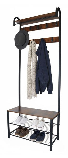 Relaxdays Garderobe mit Schuhregal – Stahl/MDF, Schwarz/Dunkelbraun, 69 × 30 × 182 cm, Traglast 95 kg