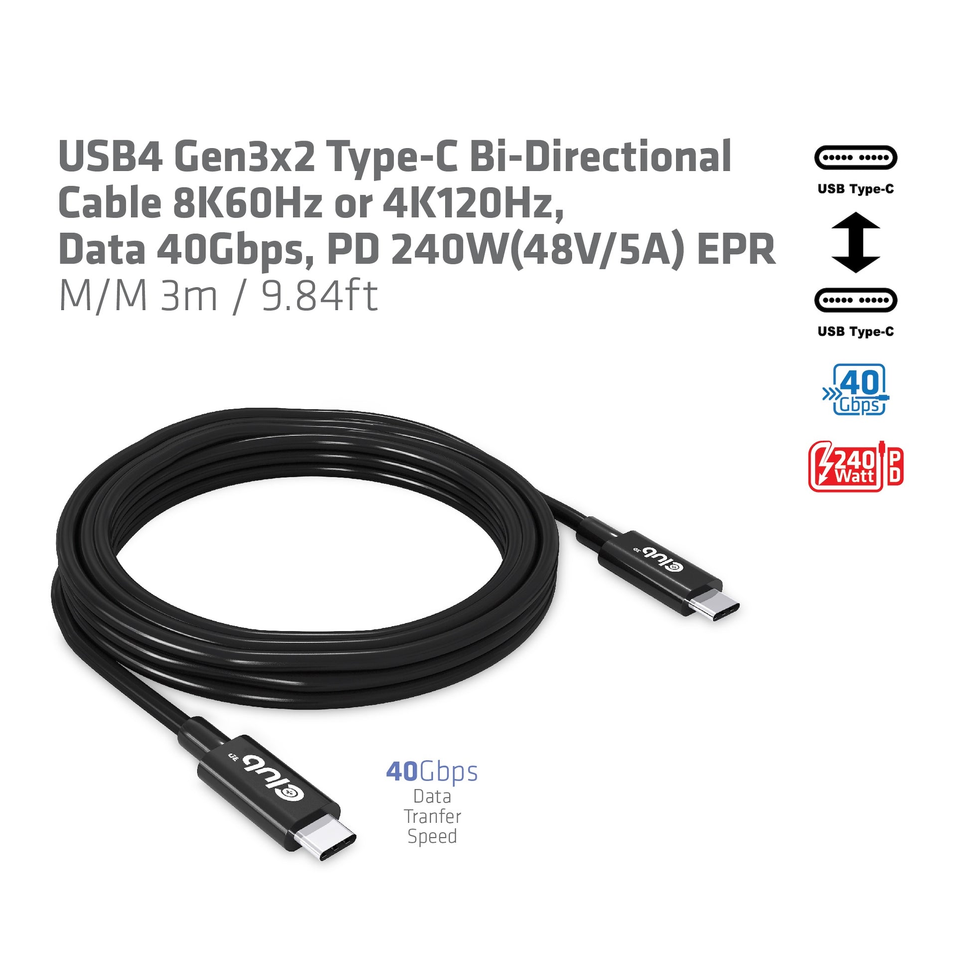 CLUB3D USB-Kabel, USB-C zu USB-C, 3 m, USB4, Lade-/Datenkabel