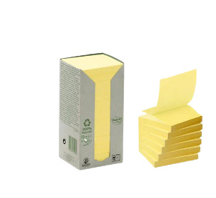 Post-it Recycling Tower Haftnotizen – 76×76 mm – Gelb, 16×100 Blatt, PEFC