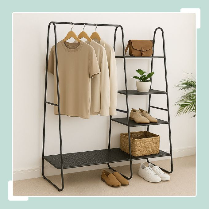 Relaxdays Garderobenständer – mit Schuhhalter, Stahl, Schwarz, 80 × 40 × 152 cm