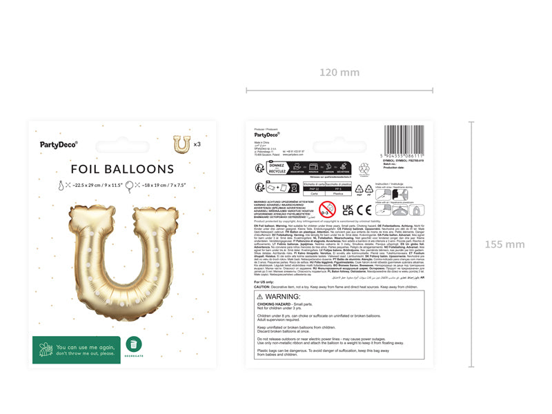 PartyDeco Folienballon Hufeisen – Gold – 18 × 19 cm – 3 Stk