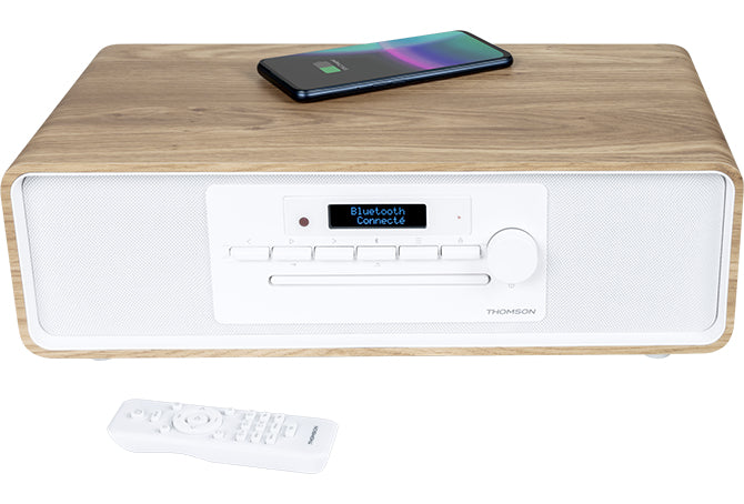 Thomson MIC301IDABBT – Stereo-Vollverstärker, 2×50 W (8 Ω), USB, 3,5 mm Kopfhöreranschluss, Cinch, Weiss/Holz