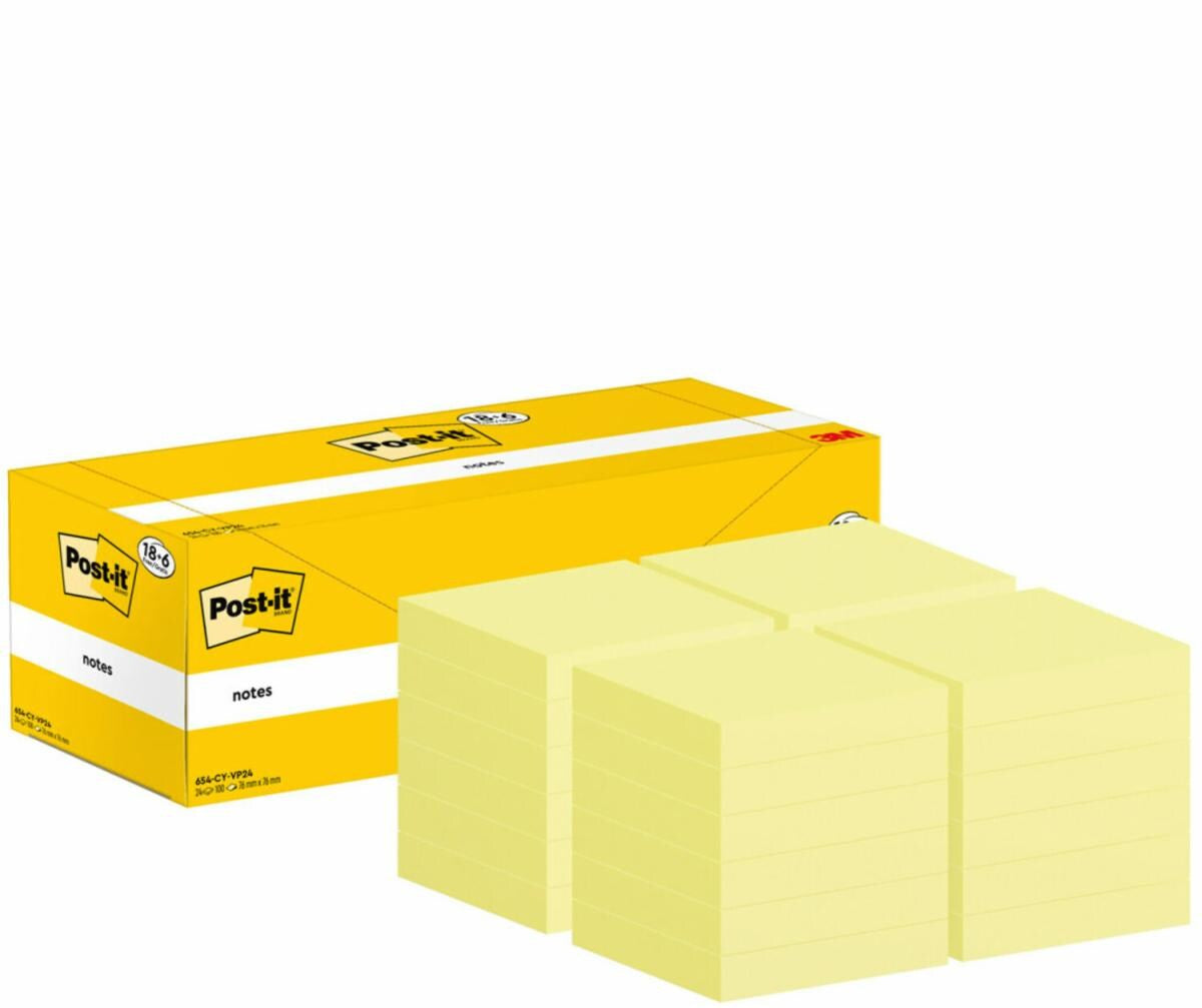 Post-it Haftnotizen – 76 × 76 mm – Gelb, 100 Blatt/Block, 24er-Pack, PEFC
