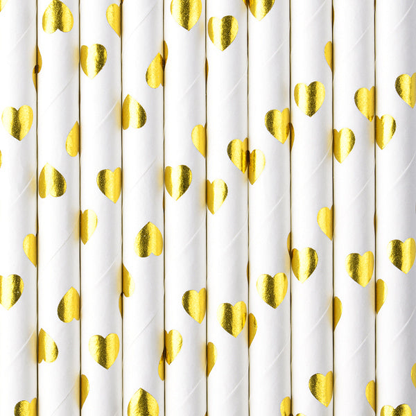 PartyDeco Papierstrohhalme, 19,5 cm, Gold/Weiss, Herz-Motiv – 10 Stk.