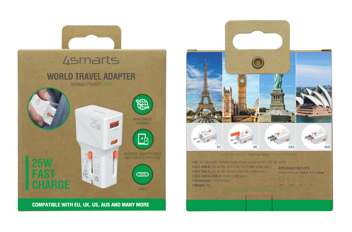4smarts Nomad Pocket Weltreiseadapter 25 W – USB-C×1 – PD 3.0, PPS, QC 3.0 – AU/EU/UK/US-Stecker – Weiss