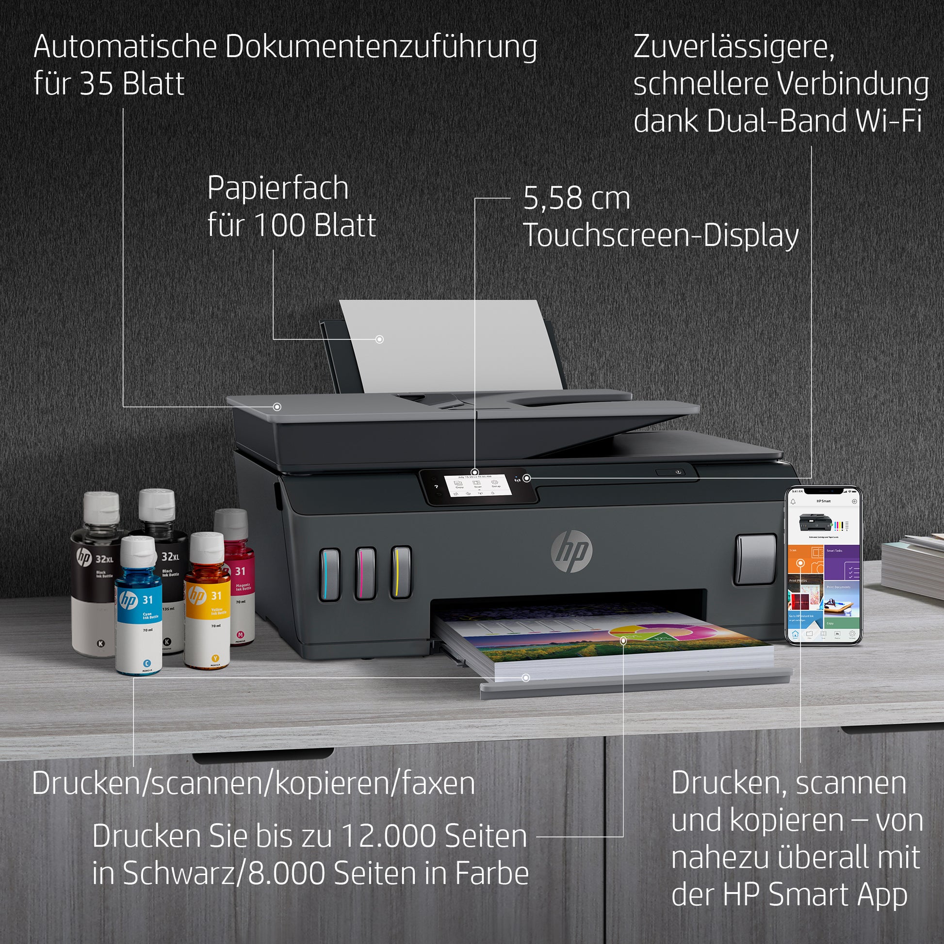 HP Smart Tank Plus 655 – Farbiges Tintenstrahl-MFP A4, 4-in-1 – USB/WLAN – Duplex, ADF – 11 S./Min. S/W, 5 S./Min. Farbe