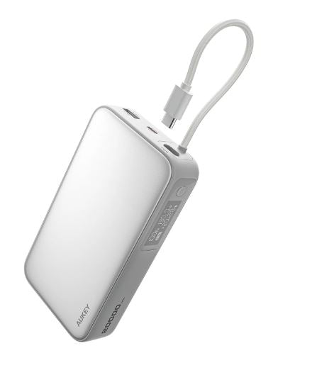 AUKEY Powerbank 20000 mAh, PD 100 W, mit integriertem USB-C-Kabel, für Smartphones, Weiss/Grau