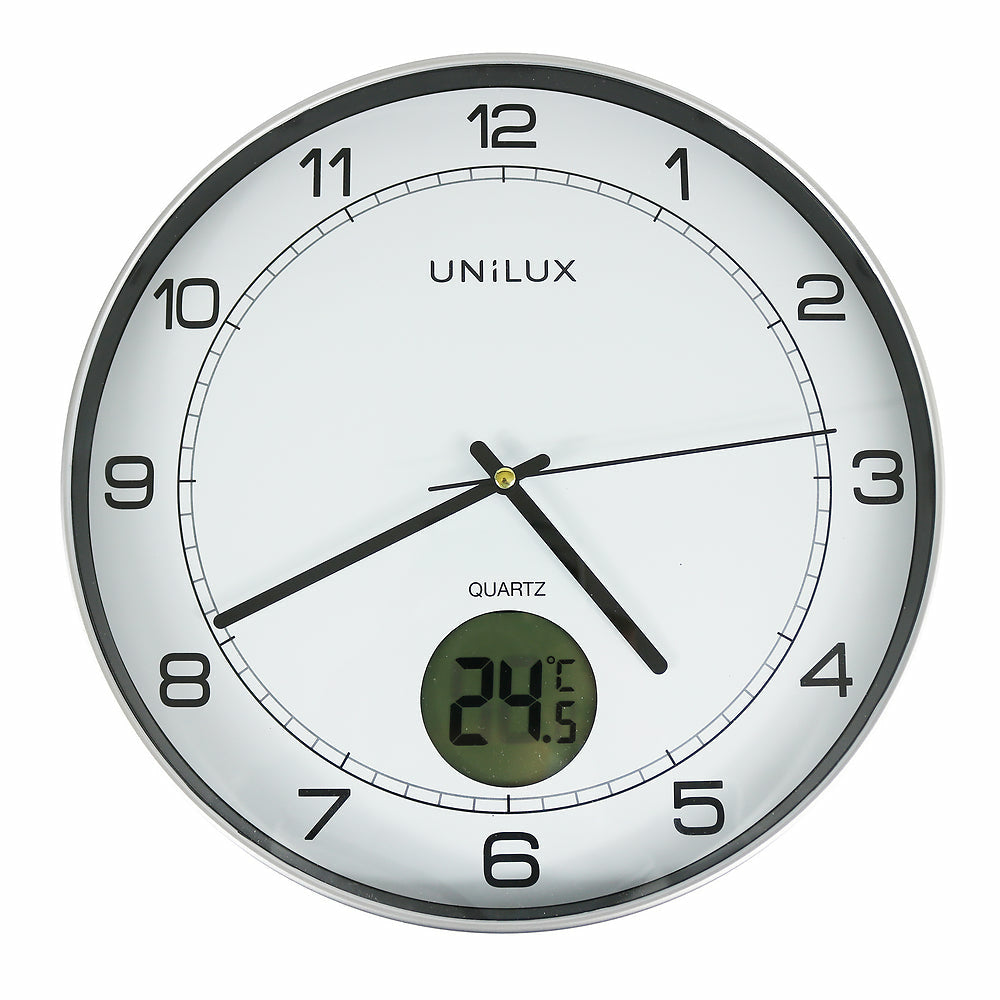 Unilux Digitale Wanduhr – Ø 30,5 cm, metallgrau, Kunststoff, geräuscharm, Thermometer
