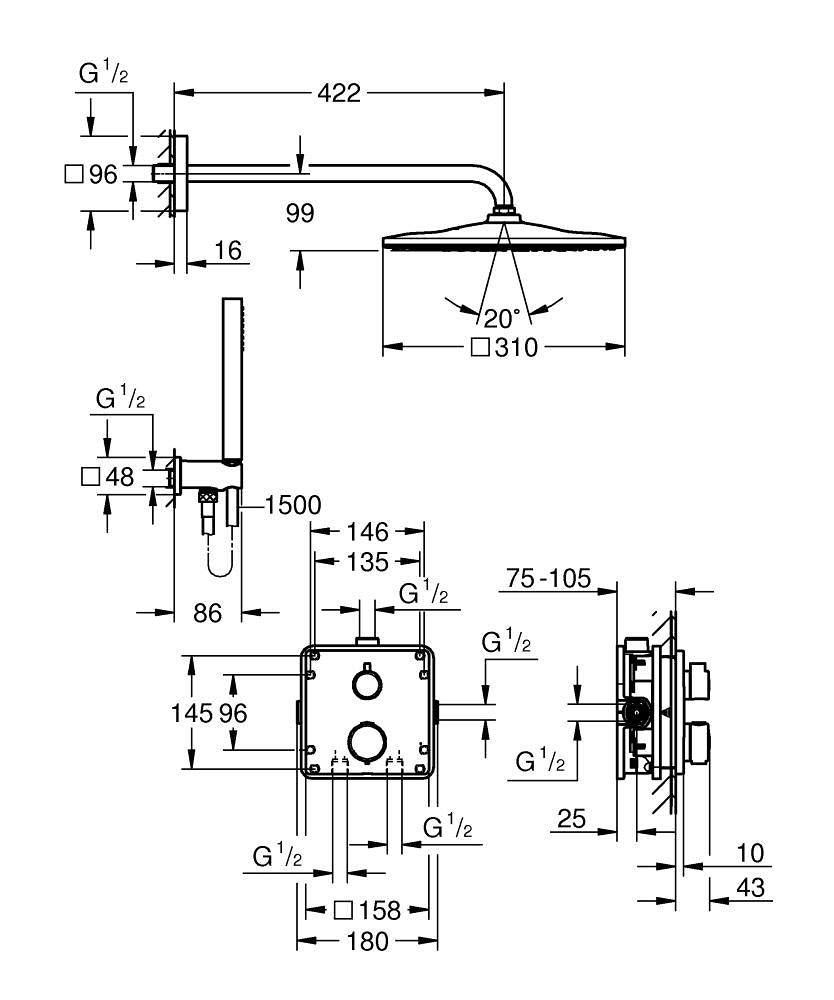 GROHE Badebatterie (Unterputz) Vitalio – 31 cm, Kunststoff, Chrom