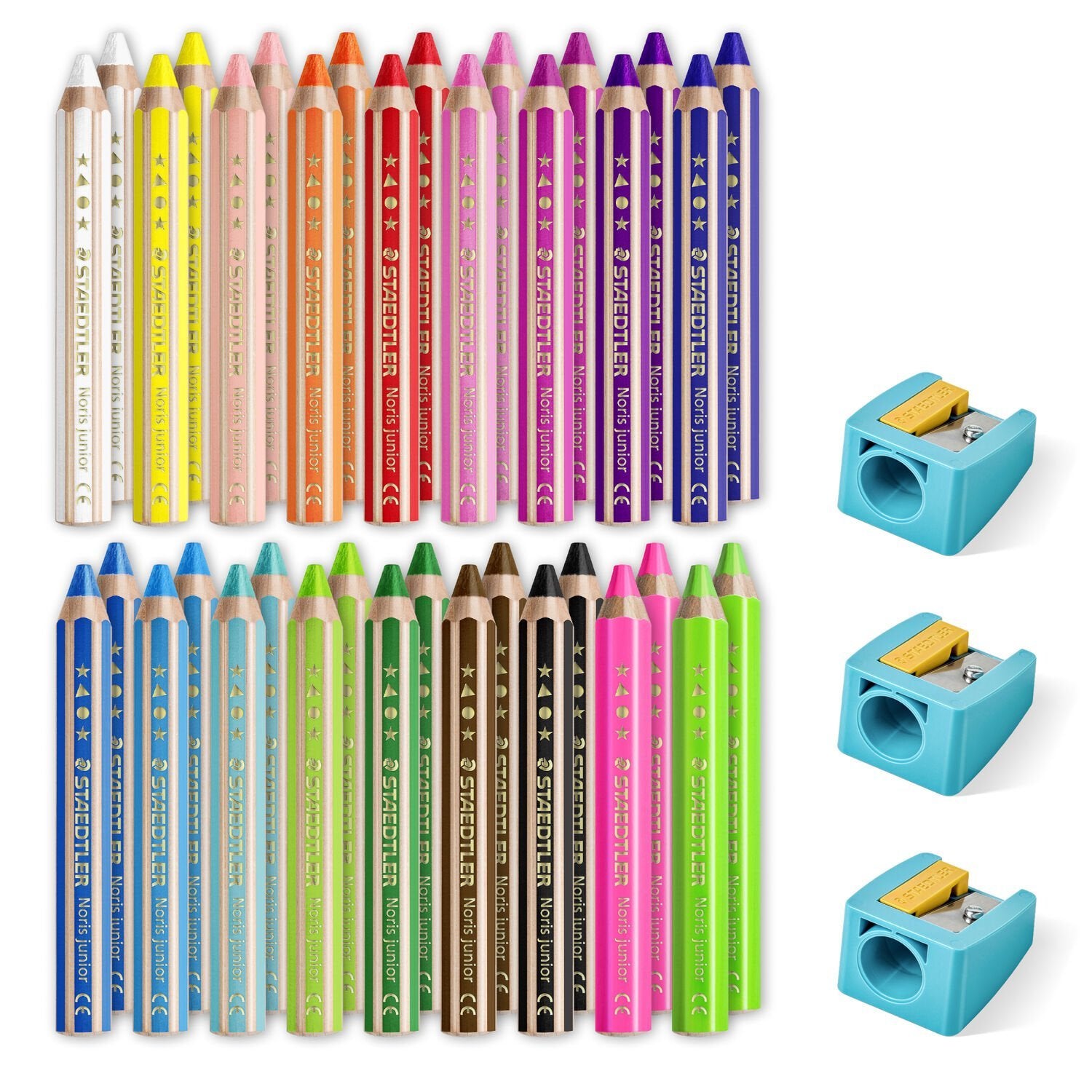 Staedtler Noris junior Buntstifte – 3-in-1, sechskantig, Minendurchmesser 10 mm, 36 Stifte, im Eimer, mit 3 Spitzern