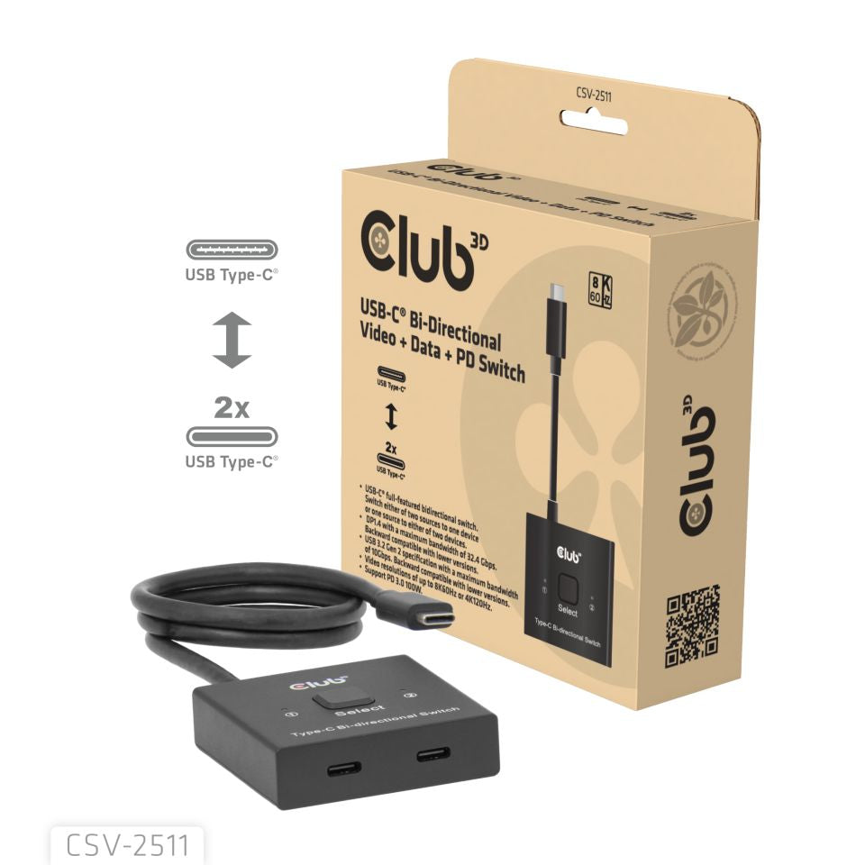 CLUB3D Club 3D – USB-C Switch, 2 Ports, bidirektional, Video/Daten/PD, passiv