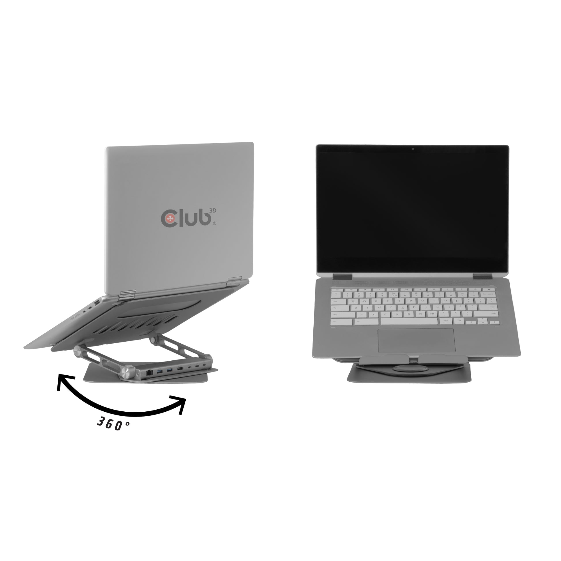 CLUB3D Laptop-Ständer – bis 17,3", höhenverstellbar, mit USB-C-Hub 100 W – Grau