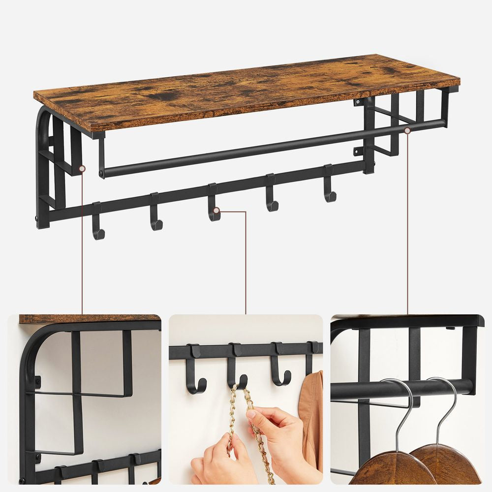 Vasagle Wandgarderobe – 5 Haken, Stahl/Spanplatte, Braun, 80 × 30 × 27 cm