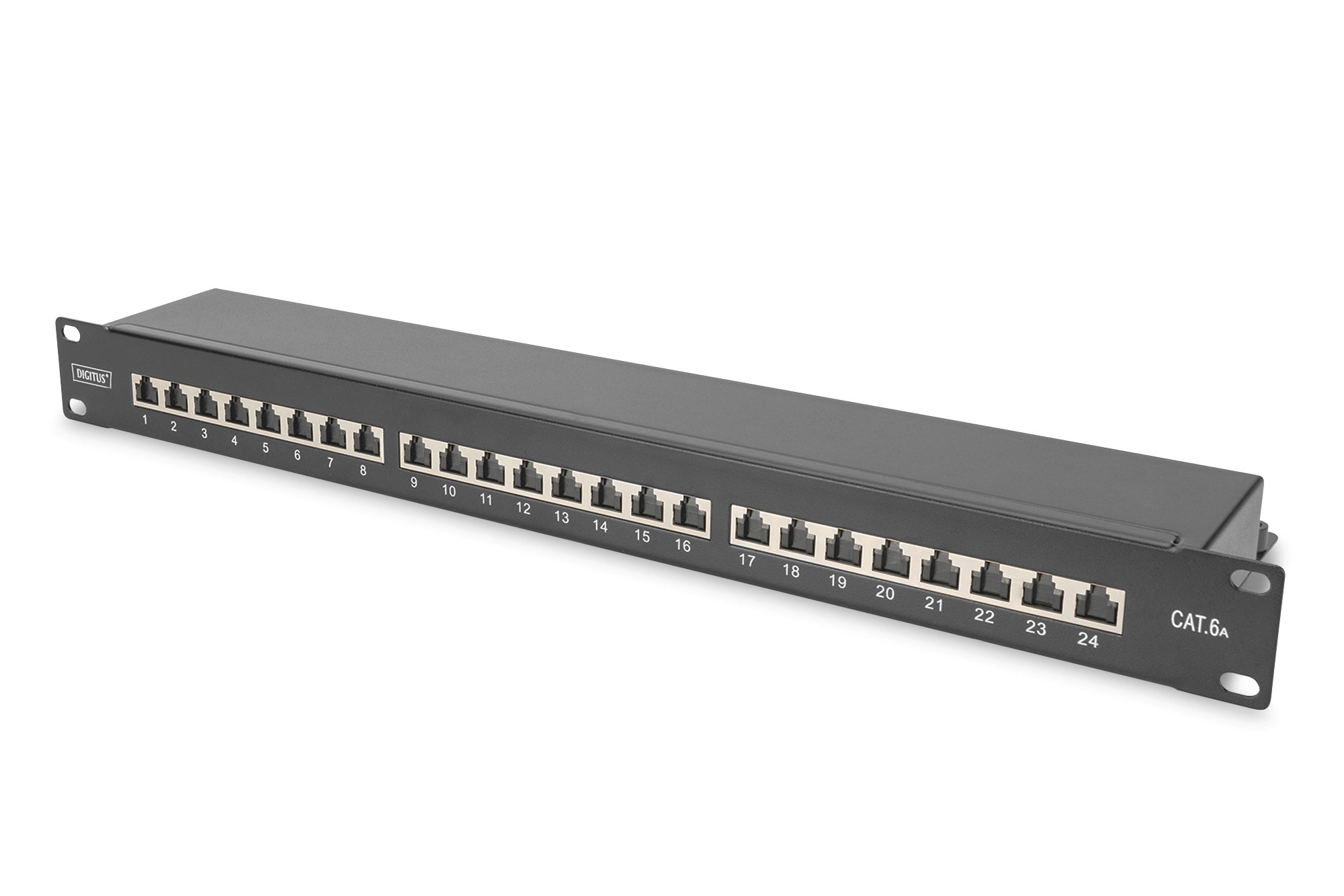 Digitus Patchpanel 24× RJ-45 – Cat6A (Klasse EA), geschirmt, 1U, 19", Schwarz, Stahl