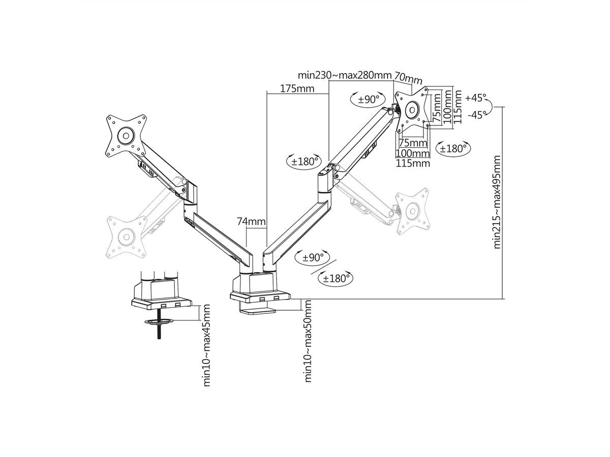 ROLINE LCD-Doppelarm – Monitorarm Tischhalterung – Klemme/Durchführung – 2 Monitore – 17–32"