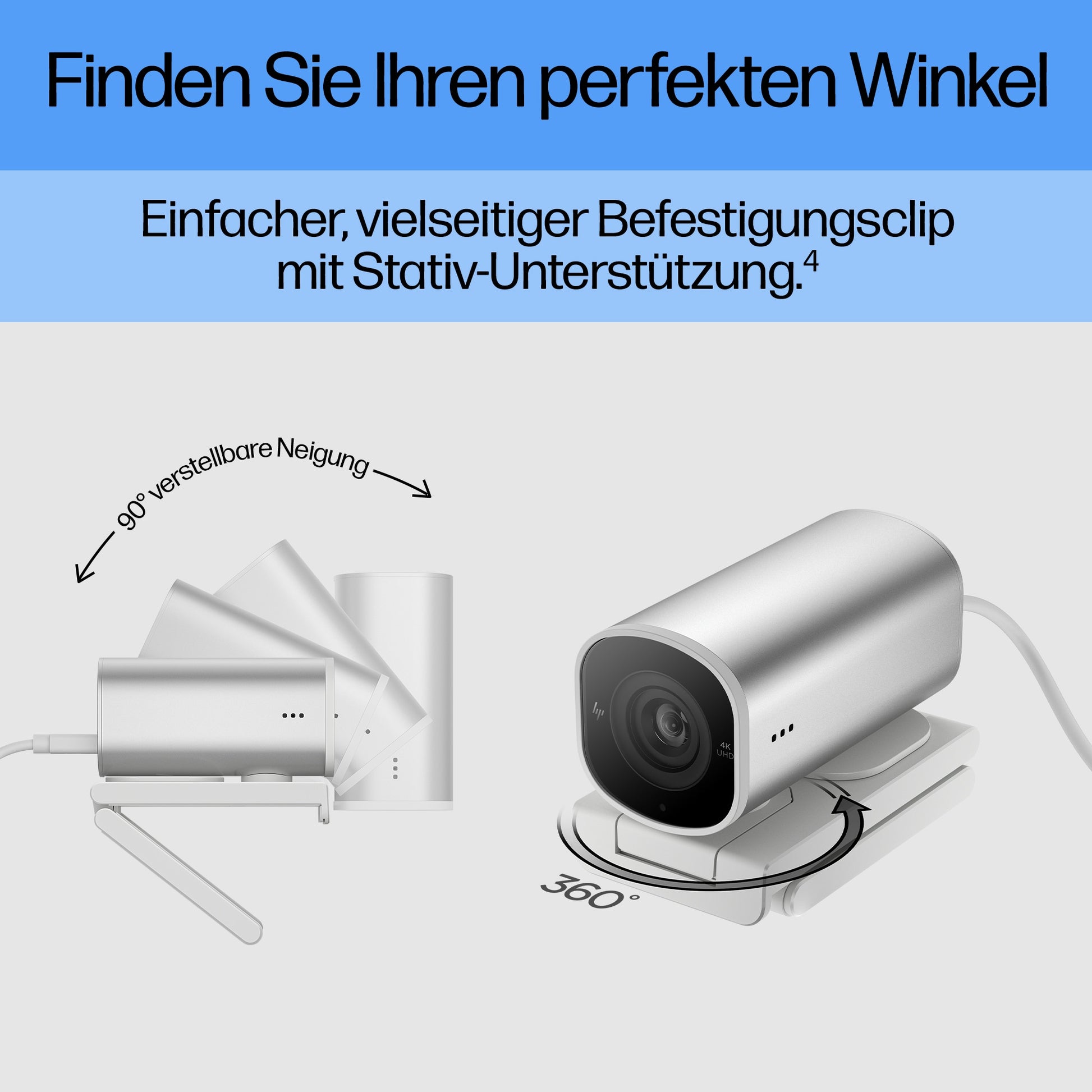HP 960 – Webcam – 4K, bis 30 fps, USB‑A, Autofokus, 5× digitaler Zoom, Stereo-Mikrofon, Silber