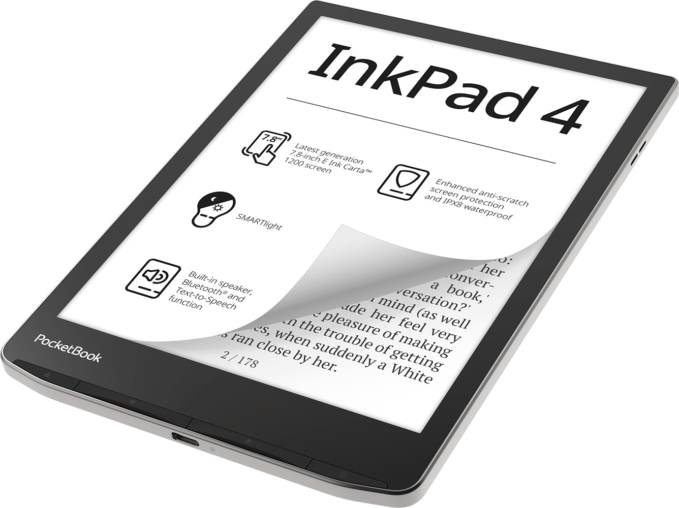 PocketBook InkPad 4 – 7,8" E-Ink Carta, 32 GB, IPX8, Silber