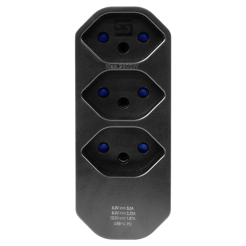 Steffen Steckdosenleiste, 4×T13, 1×USB-C, ohne Schalter, abgewinkelter T12-Stecker, 42×75×110 mm – schwarz