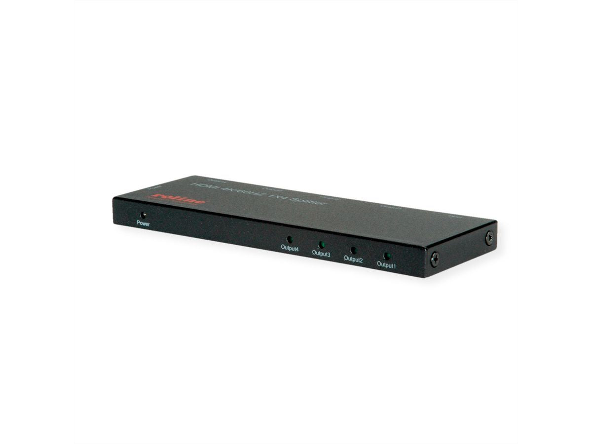 ROLINE HDMI Video-Splitter, 1× HDMI In / 4× HDMI Out, 4K@60 Hz, HDCP 2.2/1.4, USB-Stromversorgung, Schwarz