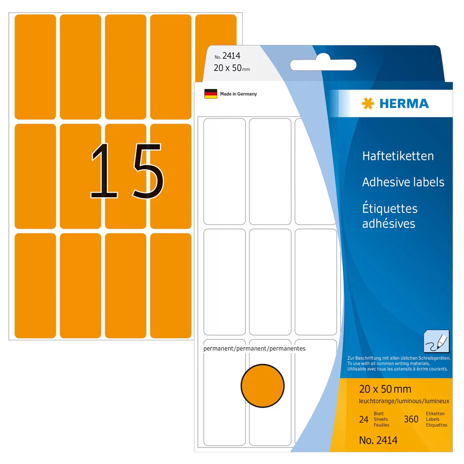 HERMA Schuletiketten – 20 × 50 mm, Abgerundete Ecken, 360 Stk, 24 Bogen, Papier, Permanent Haftend