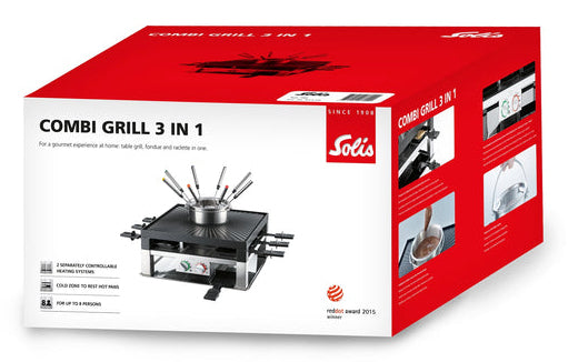 Solis Fondue-Set Combi-Grill 3 in 1 Typ 796 – Fonduetopf 1,3 l, 8 Personen, elektrisch – Edelstahl/Schwarz