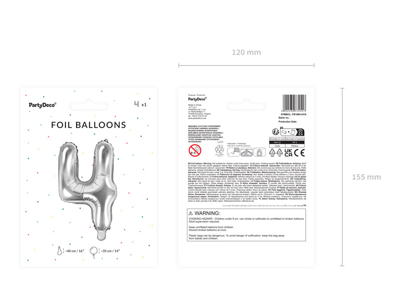 PartyDeco Folienballon Zahl 4 – Silber – 35 cm – Folie – 1 Stück – Auch mit Helium befüllbar