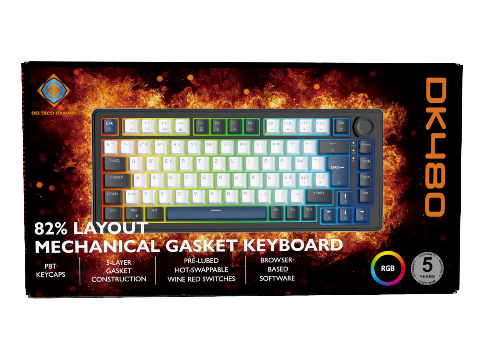 Deltaco Gaming DK480 – Gaming-Tastatur 75% – Mechanisch – Kabelgebunden (USB-C) – QWERTZ (CH) – RGB, Hot-Swap