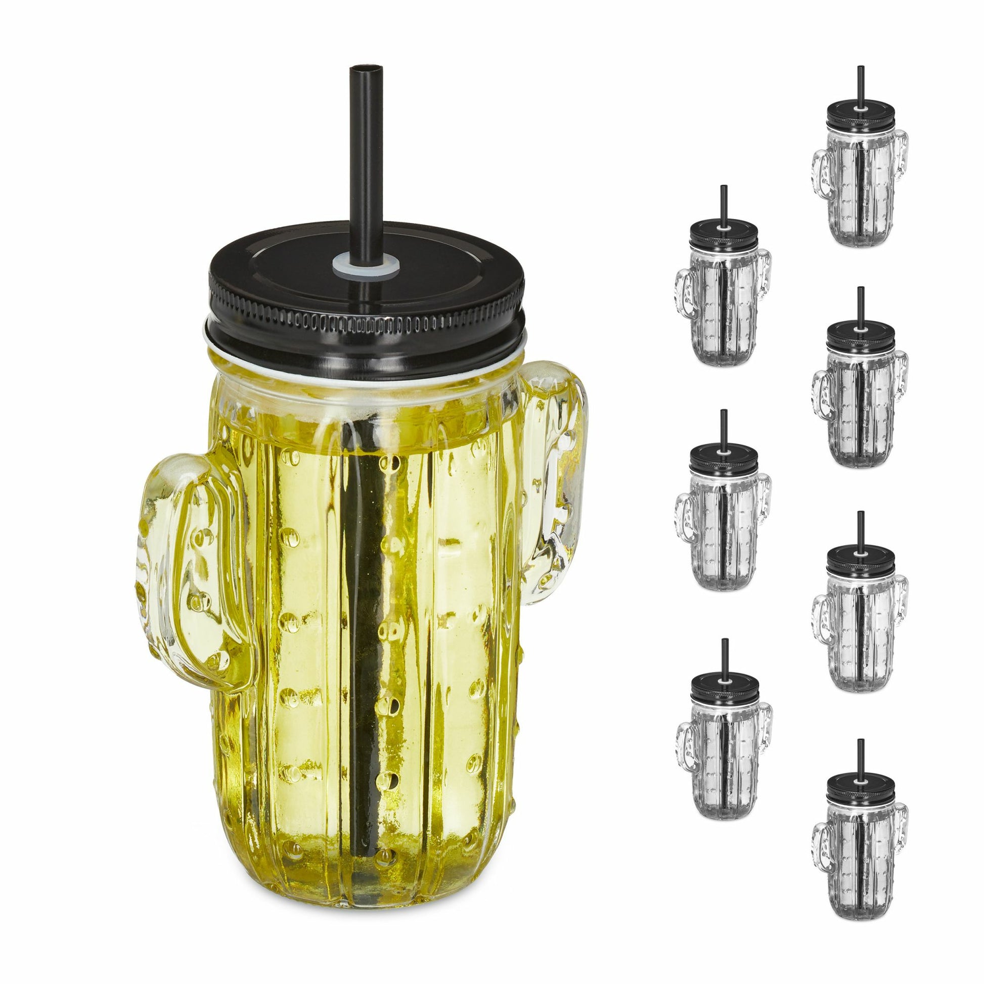 Relaxdays Trinkkrug – 8er Set, 500 ml, 11,0 × 7,0 × 14,5 cm, Glas, Schwarz/Transparent, mit Halm