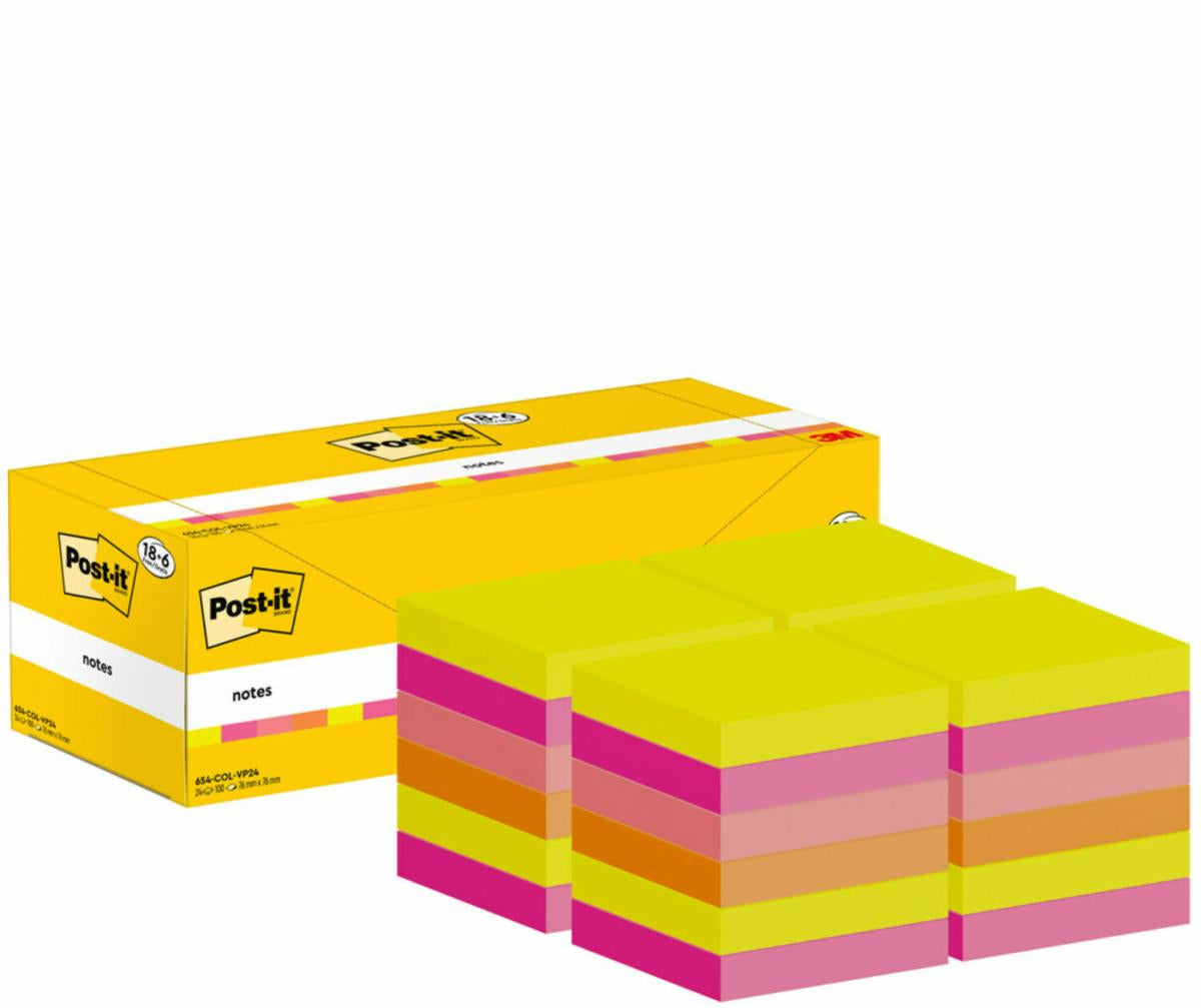 Post-it Haftnotizen – 76 × 76 mm – Mehrfarbig, 100 Blatt/Block, 24er-Pack, PEFC