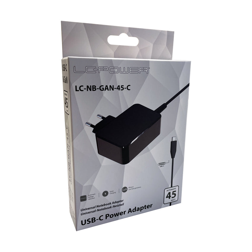 LC-Power LC-NB-GAN-45-C USB-Ladegerät 45 W – USB-C×1 – GaN – Kabellänge 1,8 m – für Laptops von Acer, Apple, A