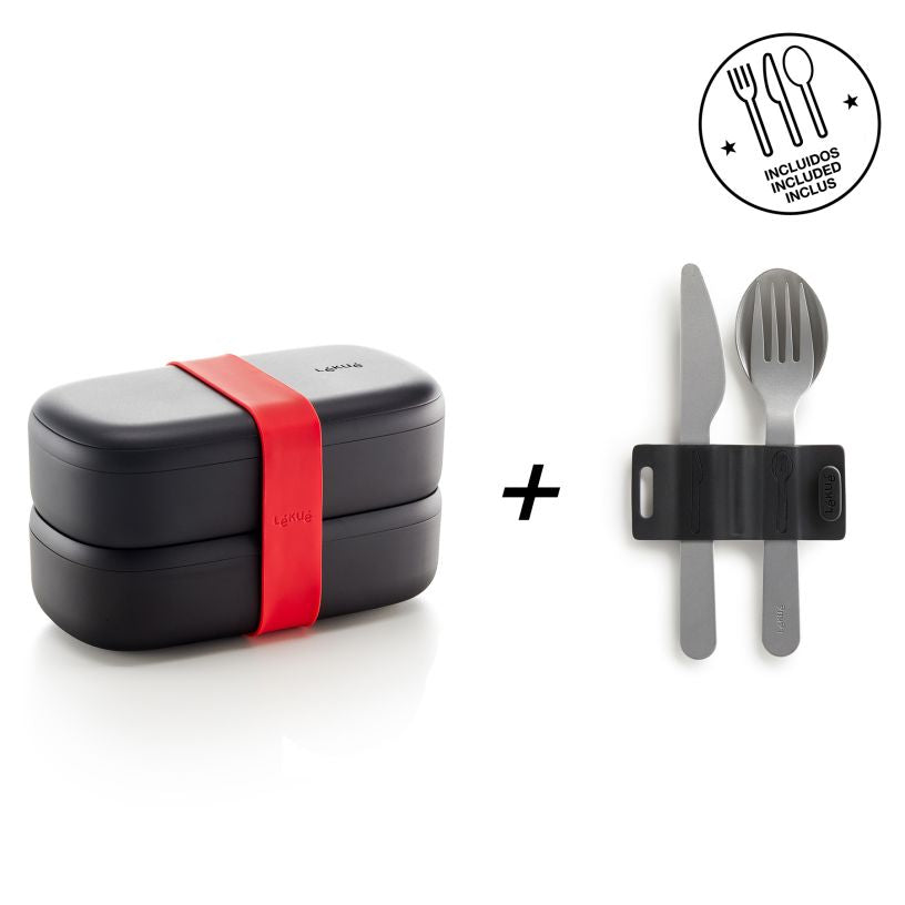 Lékué Lunchbox – 1 l, 10,0 × 19,2 × 11,0 cm, Kunststoff (PP), Schwarz, mikrowellengeeignet, mit Besteck