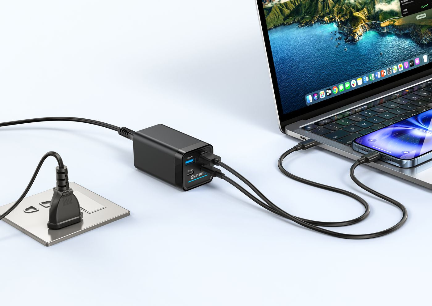 eSTUFF Ladegerät – 65 W, 2× USB-C + 2× USB-A, PD