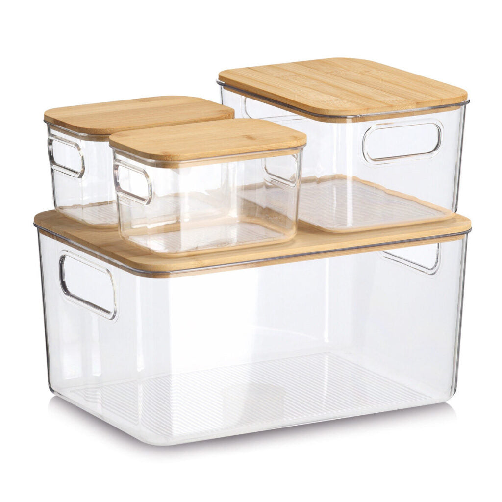 Zeller Present Aufbewahrungsbox (mit Deckel) – Kunststoff/Bambus – transparent/braun – 4-teiliges Set