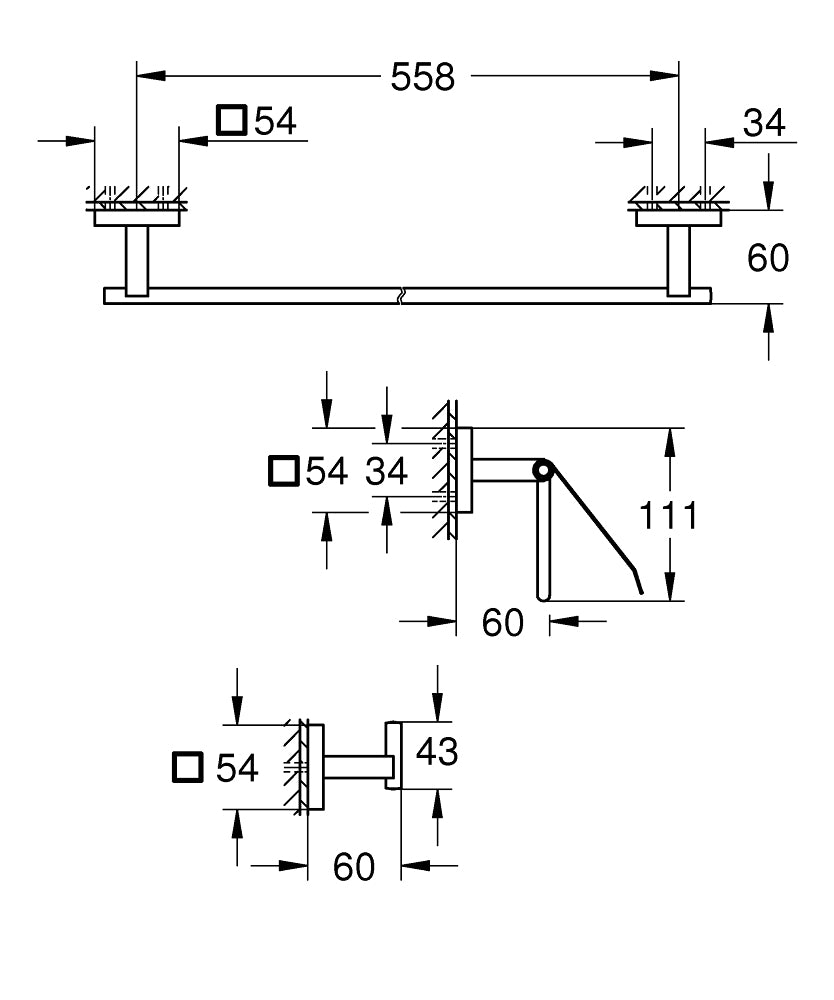 GROHE Badzubehör-Set – 55,8 cm, Metall, Wandmontiert, Kleben, Schwarz, 3-teiliges Set