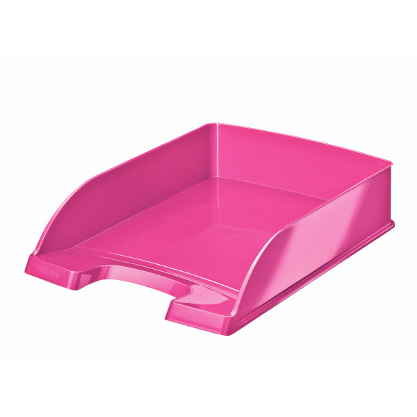 Leitz Stapelbarer Briefkorb mit Griffausschnitt, Beschriftungsfeld, glänzend, pink, B 255 × H 70 × T 357